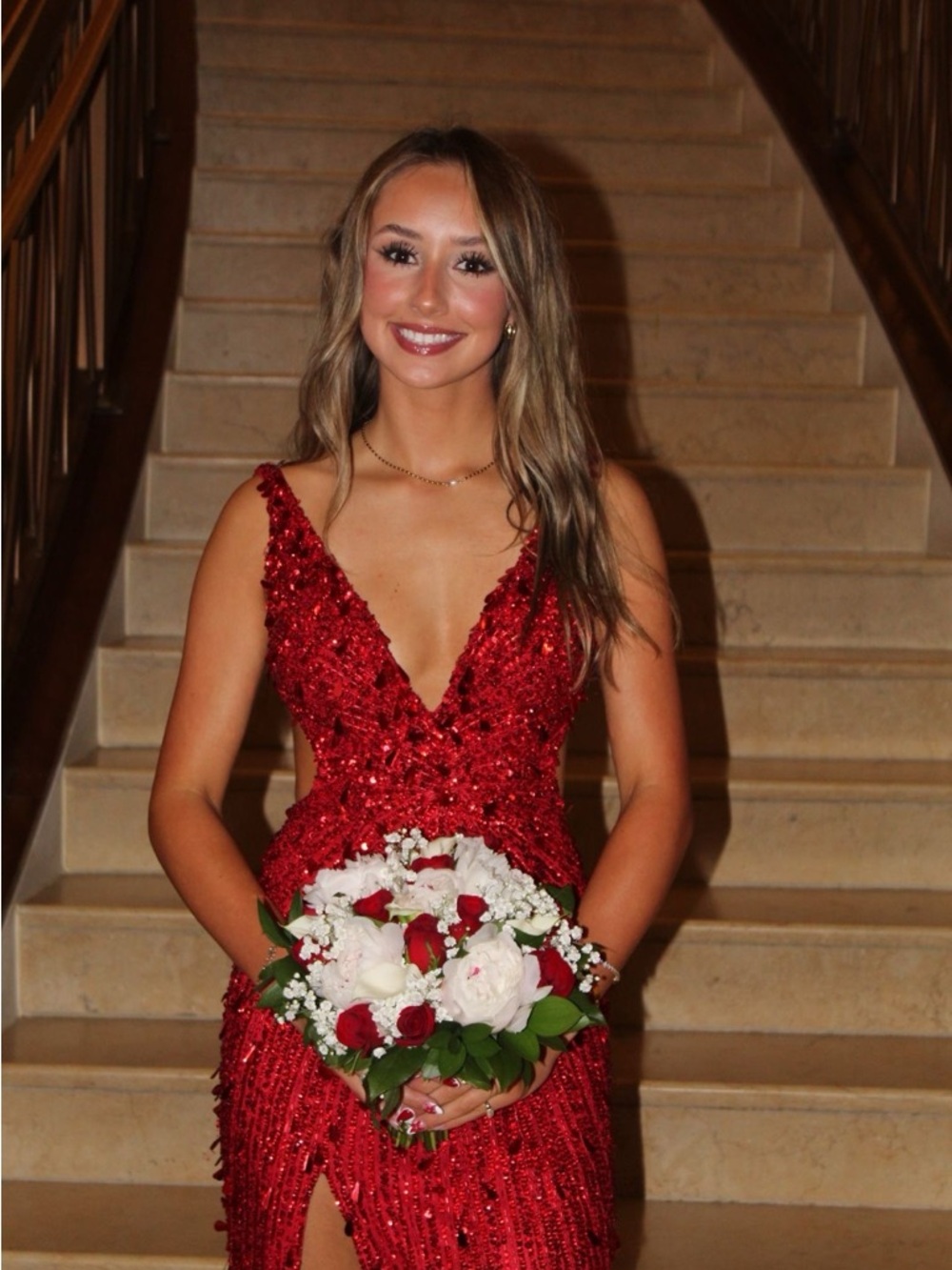 Sherri Hill Red Sequined V-Neck Prom Dress - Picture 10 of 12